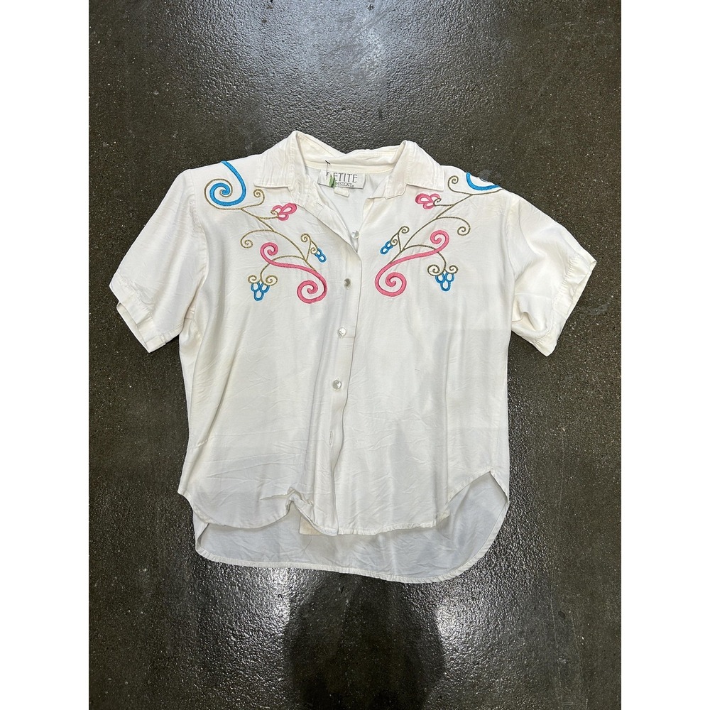Vintage Petite Sophisticate Shirt Womens Small Embroidered Floral Button Up